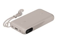 Belkin BoostCharge - Strømbank - with display - 20000 mAh - 20 watt - PD - 3 utgangskontakter (2 x USB-C, USB) - på kabel: USB-C - sand BPB028HQSD