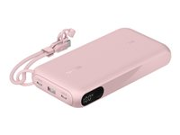 Belkin BoostCharge - Strømbank - with display - 20000 mAh - 20 watt - PD - 3 utgangskontakter (2 x USB-C, USB) - på kabel: USB-C - rosa BPB028HQPK