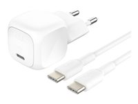 Belkin BoostCharge - Strømadapter - kompakt - 20 watt - Fast Charge, PD 3.1/PPS (24 pin USB-C) - på kabel: USB-C - hvit - med USB-C-kabel (1m) WCA009KQ1MWH-B6