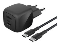 Belkin BoostCharge - Strømadapter - kompakt - 45 watt - Power Delivery 3.1, Fast Charge (24 pin USB-C) - på kabel: USB-C - med USB-C-kabel (1m) WCA013KQ1MBK-B6